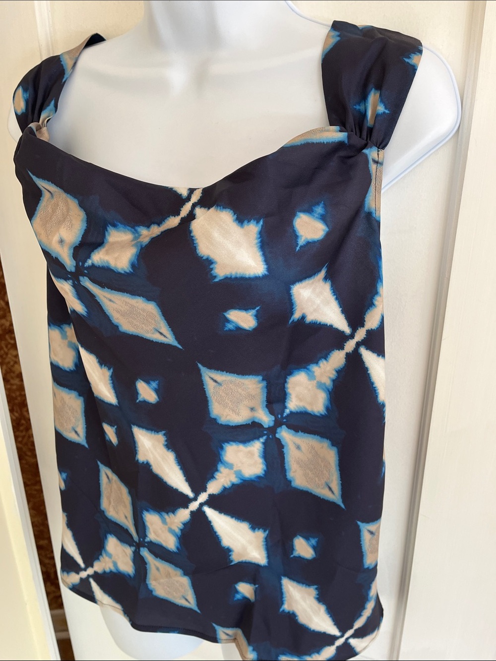NWT Banana Republic Cowl Tank Women L Watercolor Ikat Print Blue Tan Date Night